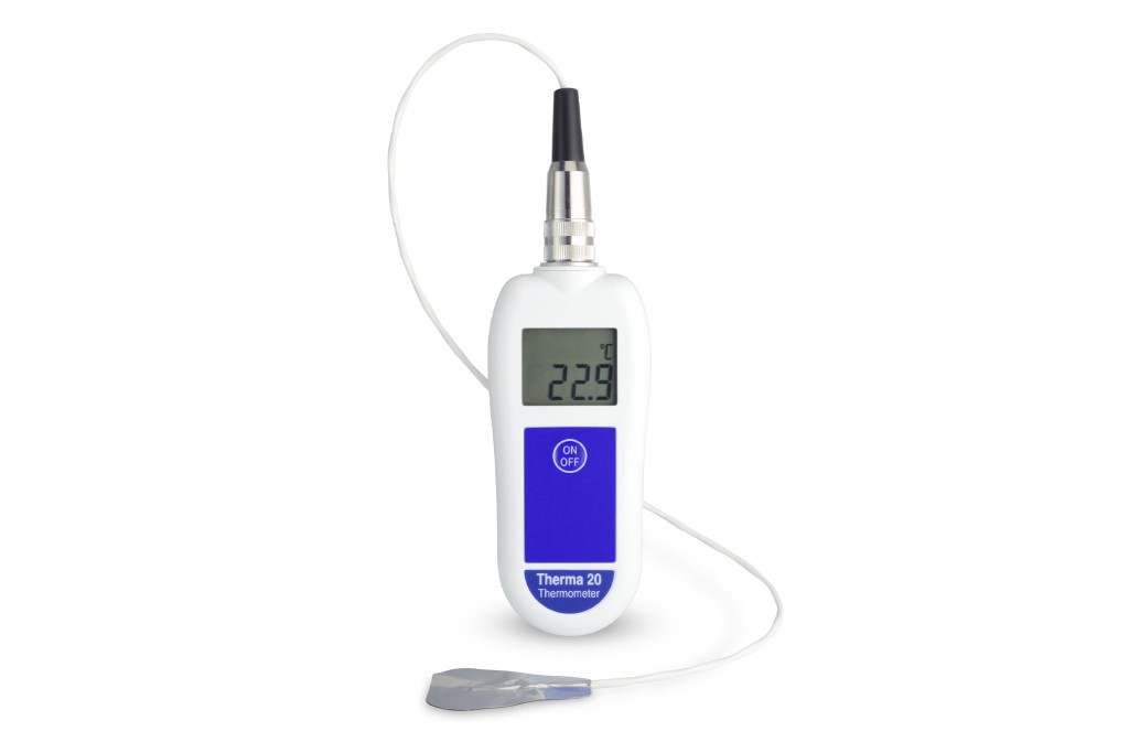 Therma 20 food thermometer with a wired between-pack probe against a white background. 