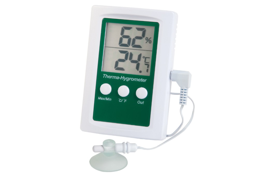 ETI therma-hygrometer with probe against a white background
