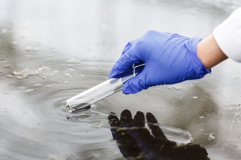 A person dipping a test tube into a body of water to take a sample.