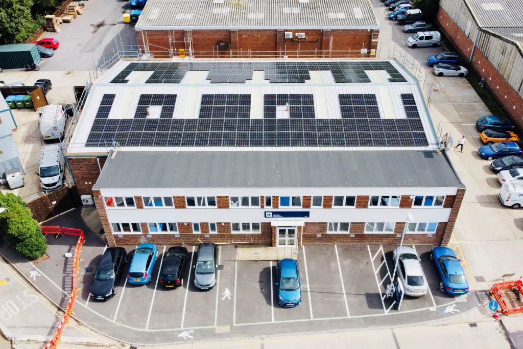 Aerial view of the solar panel installation on one of ETI's buildings